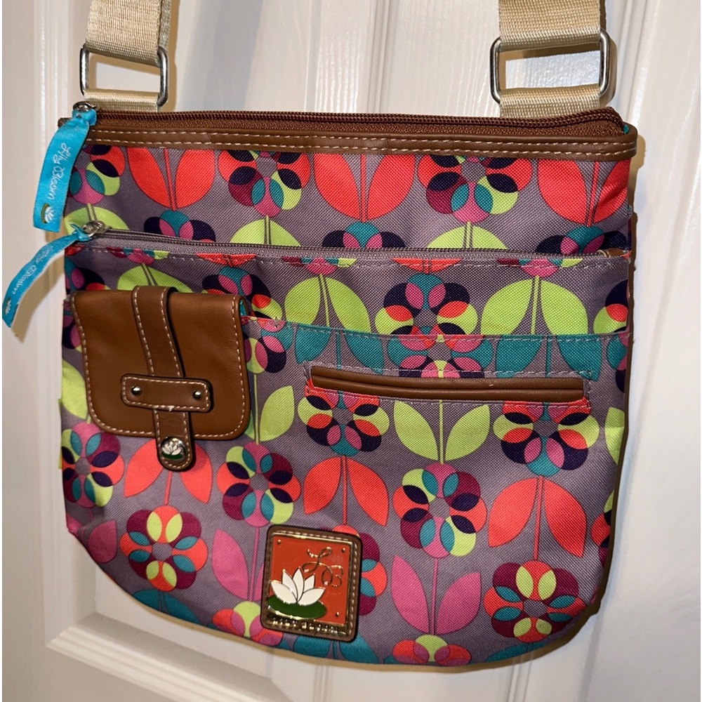 LILY BLOOM Floral Convertible Crossbody/Shoulder Bag Purse Faux Leather Trim EUC